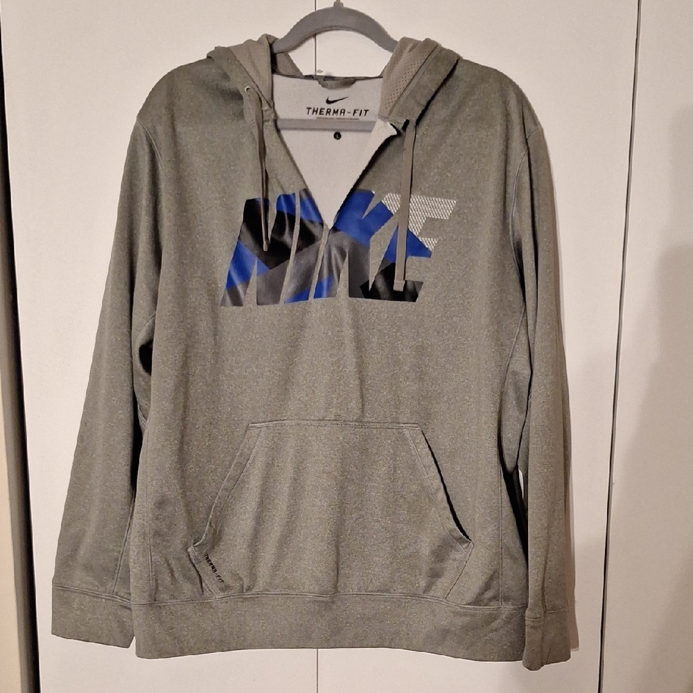 Nike Men's Gray Hoodie with Blue Accents